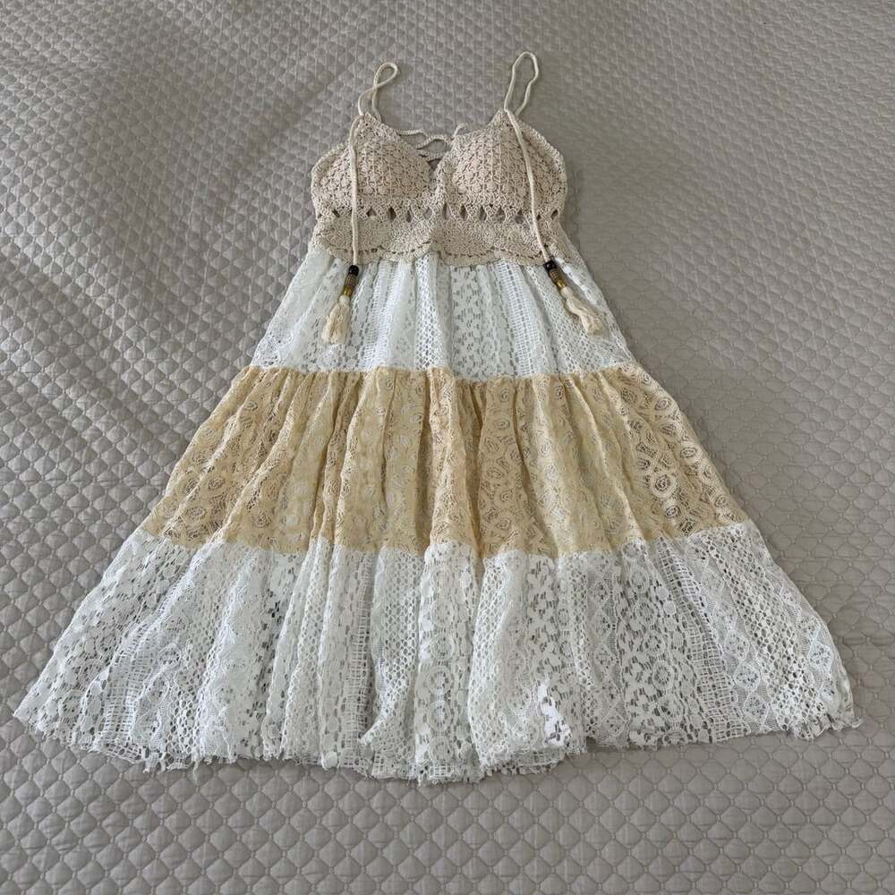 Boho Crochet And Lace Midi Dress With Tassels Beige And White